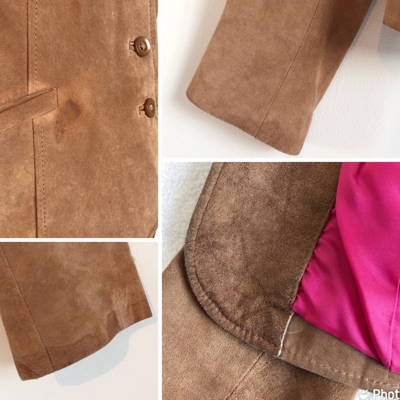 i.e. Women’s Genuine Leather Suede Tan Camel Blazer, size Large Button Front - Picture 15 of 16